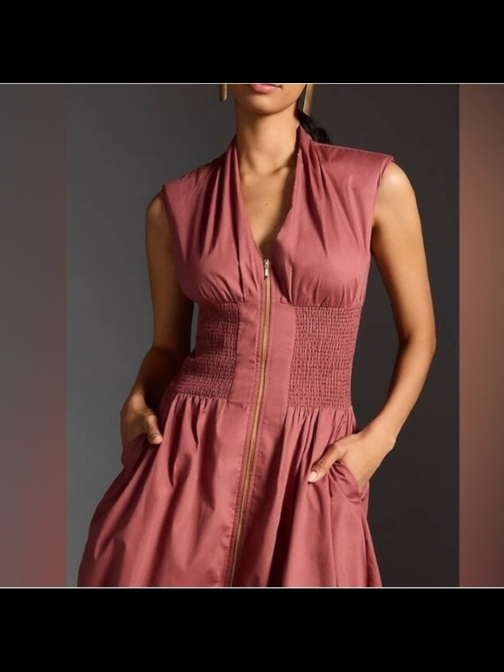 By Anthropologie: Tommie Smocked Zip-Front Midi Dress (Mauve) - Picture 2 of 2